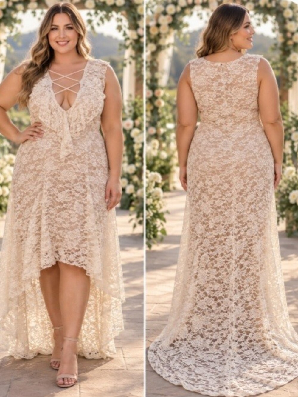 Hershe Perfectly Priscilla Ivory Lace Sleeveless High Low Bridal Dress Size 3X
